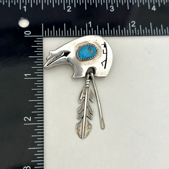 Vintage Samson Kee Native American 925 Sterling Silver Turquoise Bear Brooch Pin - Picture 9 of 11